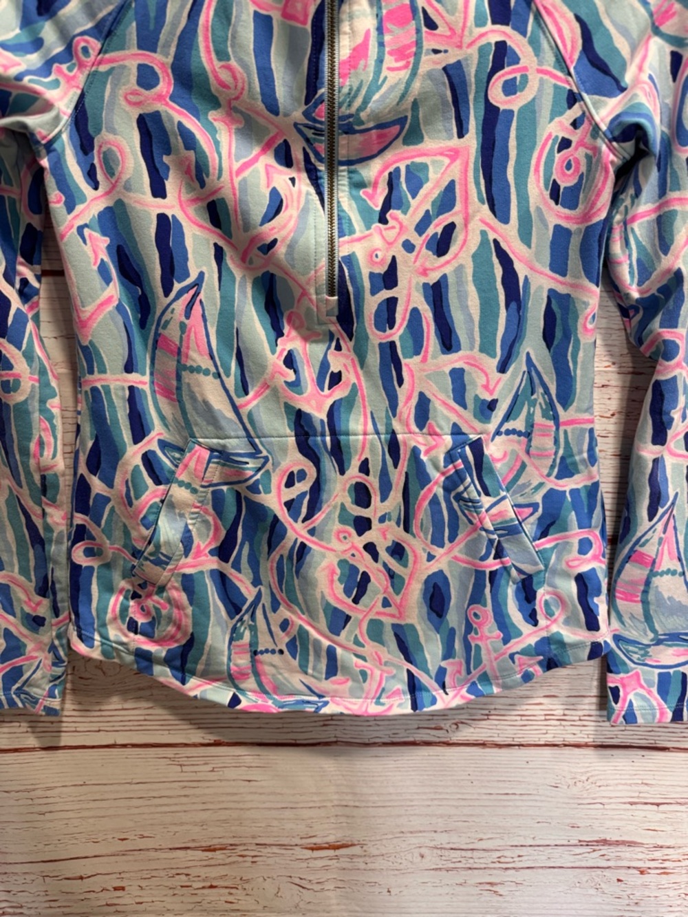 Lilly Pulitzer UPF 50+ Skipper Popover Top in Skim Blue Reel Nauti Sz XXS - Picture 5 of 11